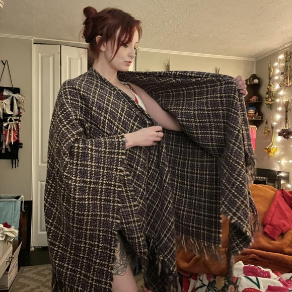 Jackets & Blazers - Vintage Open Front Plaid Poncho Shawl Wrap Tweed Open Size